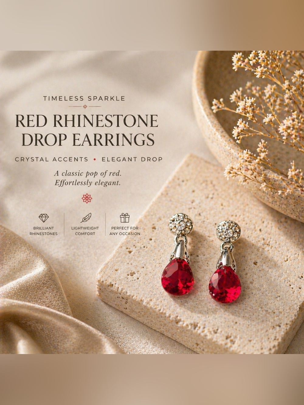 Red Rhinestone Drop Earrings Crystal Stud Teardrop Elegant Statement